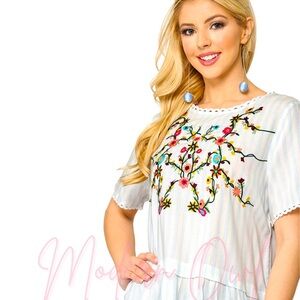 Striped Embroidered Peplum Top with Scalloped Edge